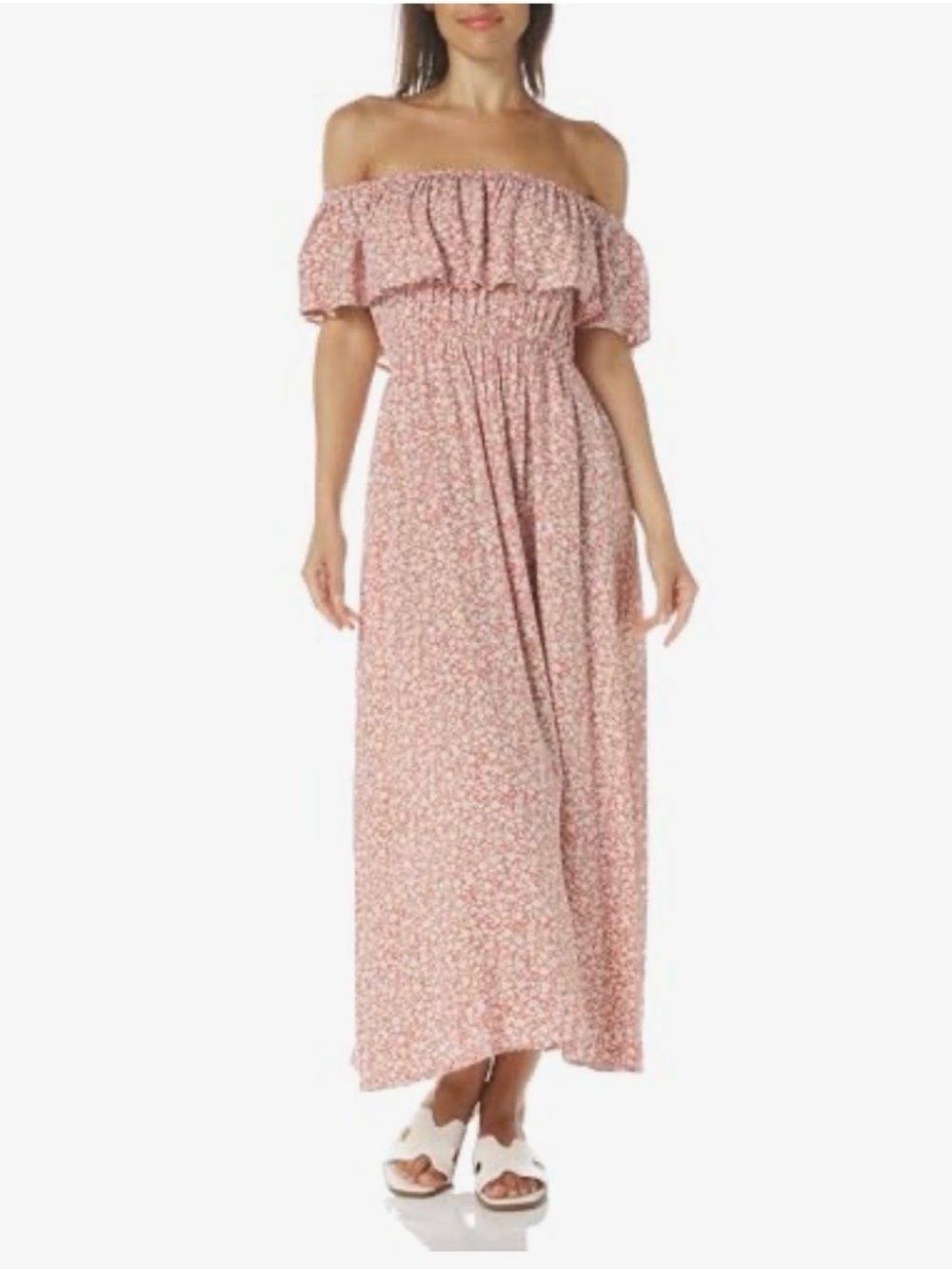 Women's Off-Shoulder Pink Ditsy Floral Maxi Dress